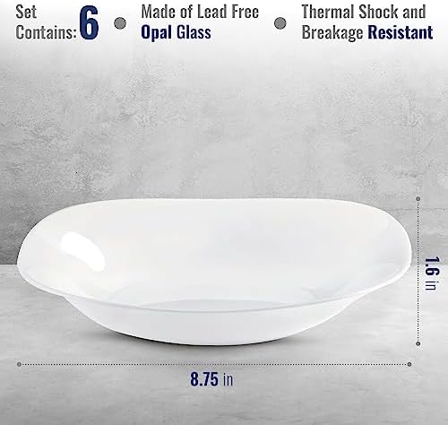 Bormioli Rocco Parma Set Of 6 Pasta Bowls And Soup Plates, 8.75 Inch Tempered Opal Glass, Clean White, Linear & Curved Design, Dishwasher Safe