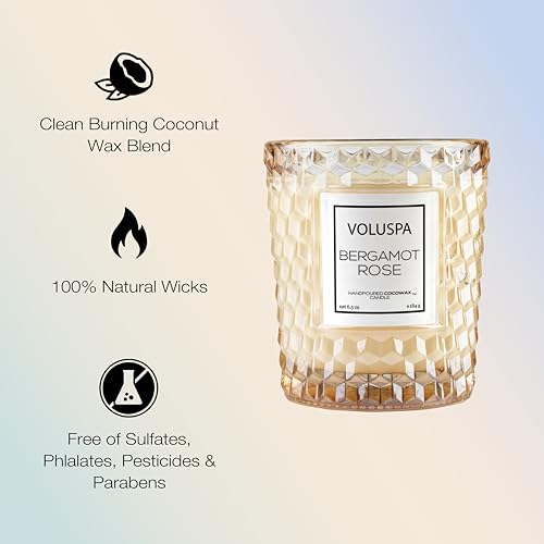 Voluspa Bergamot Rose, Classic Candle Jar, 6.5 oz, 40 Hour Burn Time, Coconut Wax for Clean Burning, Handcrafted in the USA