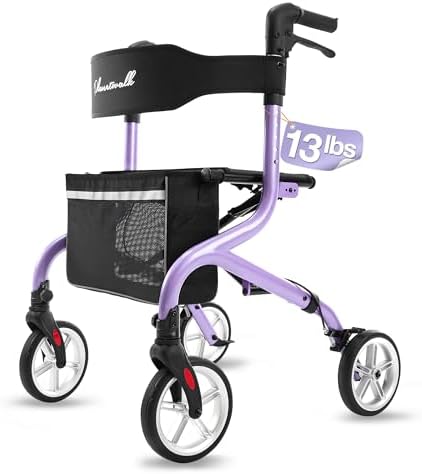 PLANET WALK Super Lightweight Rollator Walker for Seniors, Foldable Rolling Walker with Seat and 8" Rubber Wheels for All Terrain, Unique Design Aluminium Frame Sturdy Walkers for Traveling - Blue