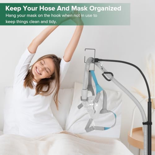 CPAP Hose Holder Bedside Stand, Fits ResMed/Philips w/Hook | All-Metal Durable, No-Wall-Drill Setup, Aluminum Hook Keeps Hose Tangle-Free & Hygienic