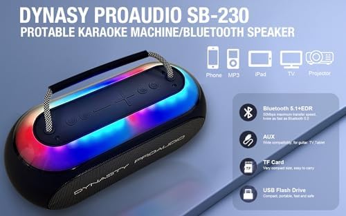 Dynasty ProAudio SB-230 Portable Bluetooth Speaker/Karaoke Machine with Two Wireless Microphones, Waterproof, Supports for USB, AUX, TF-Card