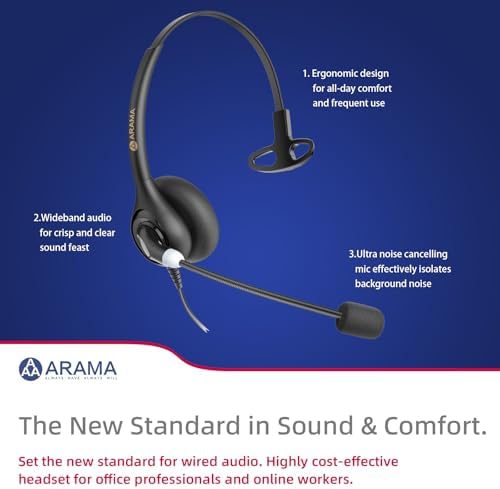 Arama Cordless Phone Headset with Microphone, 2.5mm Jack Telephone Headset for Office Landline, Noise-Cancelling Mic & Volume Control, Wired Headphones Compatible with Panasonic AT&T Vtech Uniden