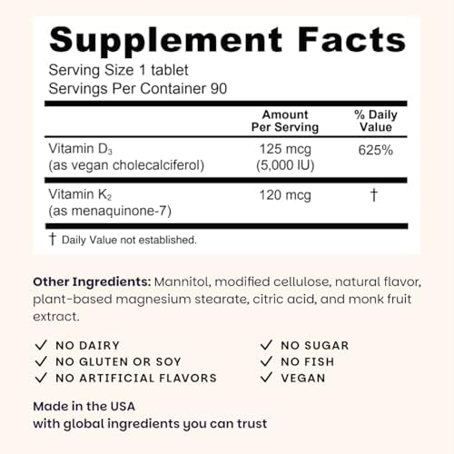 EZ Melts Dissolvable Vitamin D3 5,000 IU - Vegan Vitamin D Supplement for Bone & Teeth Support - No Artificial Flavors - Plant-Based & Non-GMO - Green Apple - 90 Dissolvable Tablets (90 Servings)