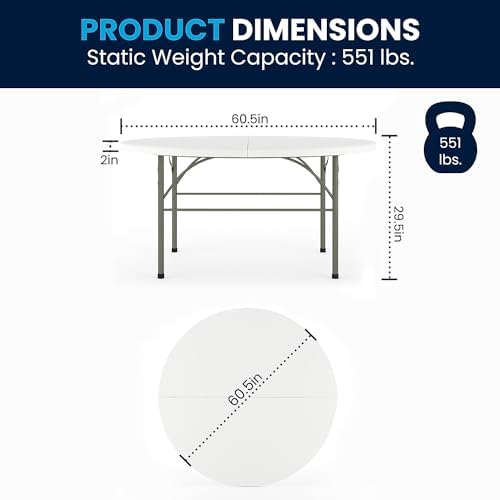 Flash Furniture 5-Foot Round Bi-Fold White Plastic Folding Table | Lightweight, Easy Storage, Commercial Grade, Carrying Handle