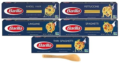 Barilla Pasta, Angel Hair, Fettuccine, Linguine, Spaghetti, and Thin Spaghetti 16 Ounce (Pack of 5) - with Make Your Day Mini Spatula