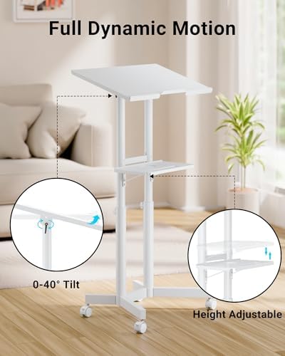 BONTEC Lecterns & Podiums Portable Mobile Standing Laptop Desk, Sit Stand | Height Adjustable, Home Office Classroom Pulpit Stand Up Desk Workstation, Rolling Table Laptop Cart with Storage Tray