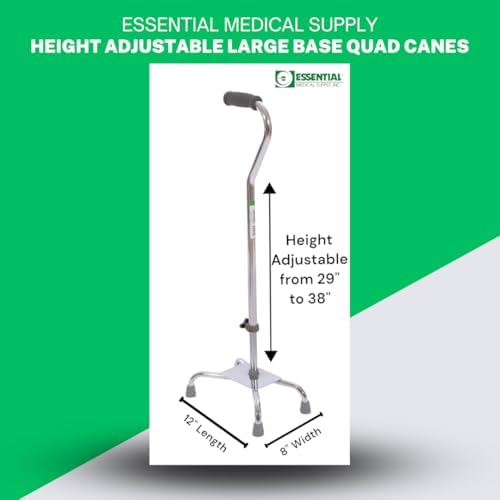 Essential Medical Supply Large Base Quad Cane in Silver - Height Adjustable Walking Cane