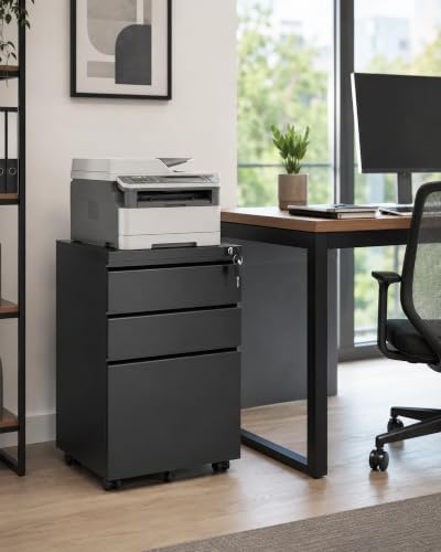 3 Drawer Mobile File Cabinet with Lock, Under Desk Metal Filing Cabinet for Letter/Legal/A4 Size, Fully Assembled Except Casters, Rolling Office Organizer for Home Office, Black