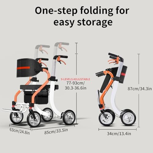 Nihhcune 4 in 1 Rollator Walker Transport Wheelchair Combo - No Assembly | 20lb Lightweight Mobility Rolling Walker with Seat for Seniors, Foldable Travel Chair, 8" All-Terrain Wheels, Supports 300lbs