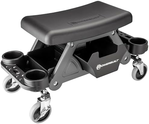 Powerbuilt 42-Inch Triplex Folding Creeper, Rolling Seat, and Brake Stool, All-in-One Adjustable Roller Garage Chair, Lay Down or Sit, Black 620469