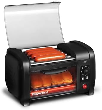Elite Gourmet EHD-051B Hot Dog Toaster Oven, Steel Rollers, 4-Bun, Black | 30-Min Timer