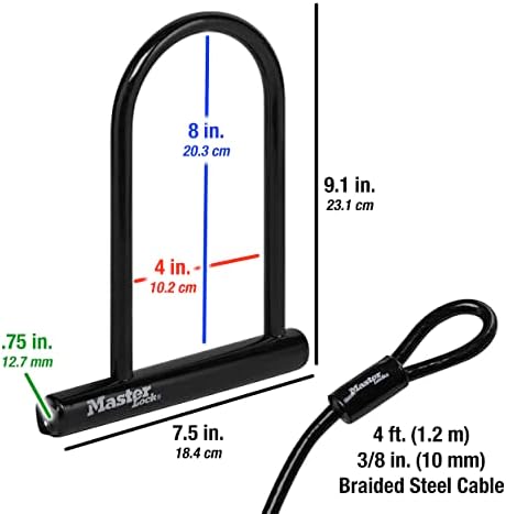 Master Lock Black Bike Lock with Key, Standard Size U-Lock for Bicycles and Other Outdoor Equipment, Anti-Theft Lock for Bikes, 8320D