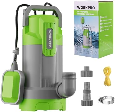 WORKPRO 1HP 4500 GPH Submersible Sump Pump with Automatic Float Switch | Handles Clean & Dirty Water, Ideal for Pool Draining, Flooded Basements
