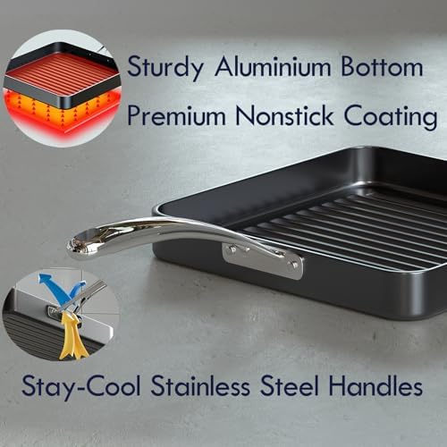 Cooks Standard 11-Inch Square Nonstick Grill Pan for Stovetop | Hard Anodized Grilling Pan for Indoor & Outdoor, Ribbed Surface, Stay-cool handle