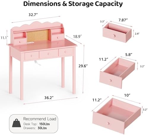 FUNKOCO Writing Desk with Hutch, 40" Small White Desk for Girls, 5 Drawers