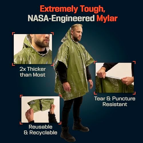 PREPARED4X Emergency Mylar Poncho – Survival Rain Poncho with Hood – Lightweight, Compact, Reusable Emergency Blanket Poncho for Hiking, Camping