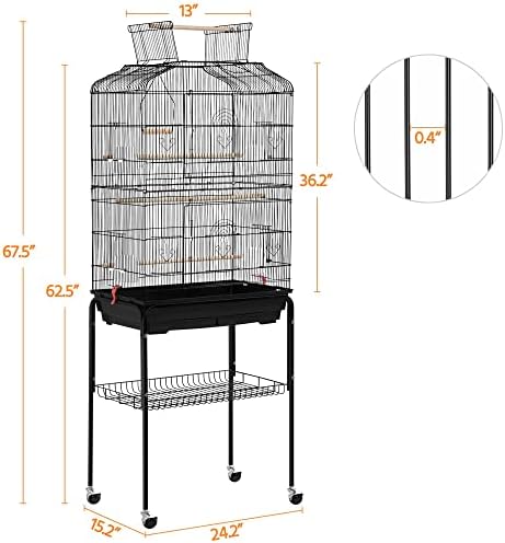Yaheetech 64'' Open Top Bird Cage for Parakeets & Cockatiels, Black | Detachable Rolling Stand, Easy-clean Slide Tray, Multi-door Access, 3/8" Bar Spacing, Indoor/Outdoor Use
