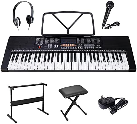 Saturnpower 61-Key Portable Electronic Keyboard Piano with Built In Speakers, Headphones, Microphone, Dual Power Supply, Piano Stand