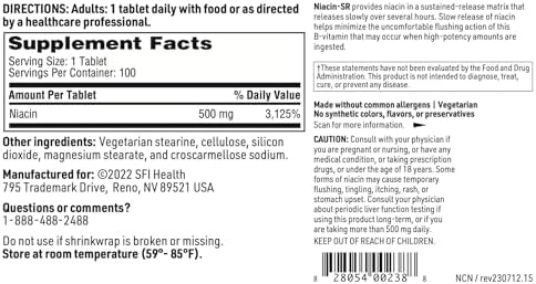 SFI Health Klaire Labs Niacin-SR, 100 Scored Tablets | 500 Milligrams Sustained Release Essential Vitamin B3 to Help Avoid Flush