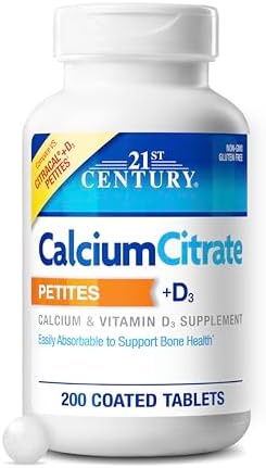21st Century Calcium Citrate + D3 Petites, Easy to Swallow, 200 Count | Highly Absorbable Calcium Citrate with Vitamin D3