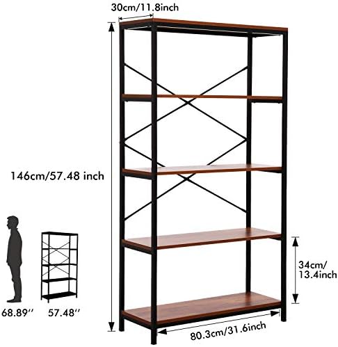 BATHWA Wood and Metal Minimalist 5 Tier Bookshelf, 6 feet Tall Open Rustic Wide Bookcase Industrial Style