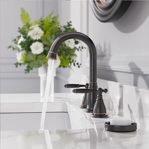 2-Handle 8 Inch 3 Hole Oil Rubbed Bronze Widespread Bathroom Faucets, with Valve and Metal Pop-Up Drain, WF017-4-ORB