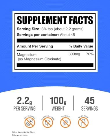 BulkSupplements.com Magnesium Glycinate Powder - Magnesium Glycinate 300mg, Highly Absorbable - Gluten Free, 2.2g per Serving, 500g (1.1 lbs) (Pack of 1)