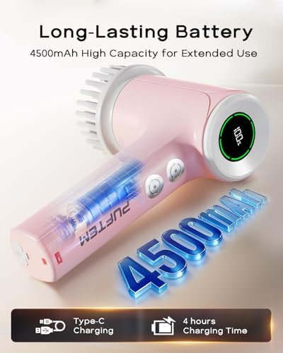 PUFTEM Electric Shower Scrubber, Cordless Bathroom Scrubber, Dual Direction | Dual Direction Cleaning, 6 Replaceable Brush Heads, IPX7 Waterproof