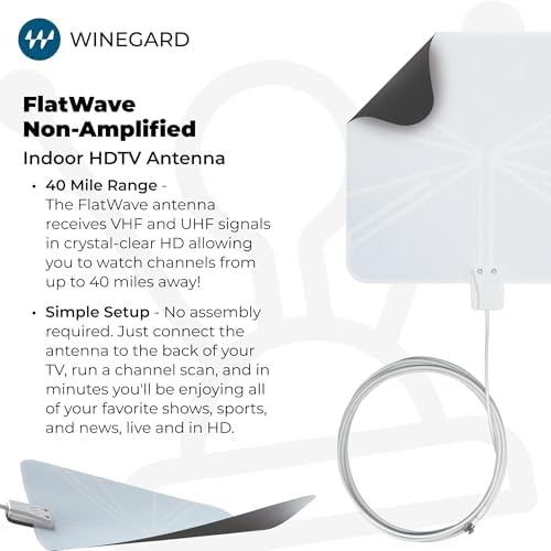 Winegard FL-5000 Indoor HD Antenna FlatWave - Non-Amplified VHF/UHF Indoor TV Antenna-Over-the-Air Reception-40 Mile Range-NextGen TV Compatible Ultra-Thin-Dual Color Easy Setup-For Metro Areas