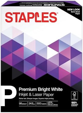 Staples Laser Paper 8.5 x 11 Inch 28 lb 98 Bright High‑Quality Prints, 500 Sheets | Heavyweight paper for crisp, professional prints in laser printers and copiers.