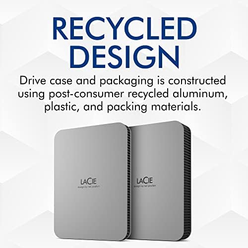 LaCie Mobile Drive, 5TB, External Hard Drive Portable - Moon Silver, USB-C 3.2, for PC and Mac, Post-Consumer Recycled