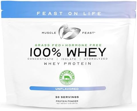 Muscle Feast 100% Grass Fed Whey Protein Powder Blend, Chocolate (2lb) | Whey Concentrate, Isolate & Hydrolyzed Protein Powder, All Natural, Hormone Free Pasture Raised Whey Protein for Women & Men