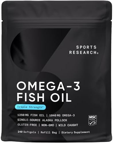 Sports Research® Omega-3 Fish Oil 1250mg from Wild Alaska Pollock,180 Count | Always Fresh Never Fishy | 690mg EPA 260mg DHA per Softgel · Heart & Brain Health* · MSC Certified Sustainable - 180 Servings