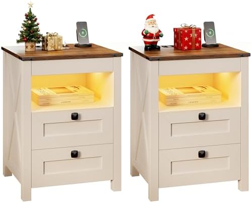 TAGELIER LED Nightstand Set of 2 with Charging Station, Brown | Invisible Lock Hidden Drawer, Smart Human Sensor Light, Farmhouse Bedside Table