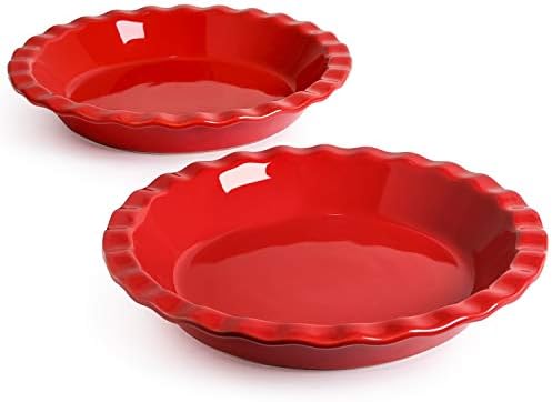 LE TAUCI Ceramic Pie Pans Plate for Baking, 9 inch Deep Dish Baking Dish, 52 ounce Bakeware for Apple Pecan Pie, Set of 2, White