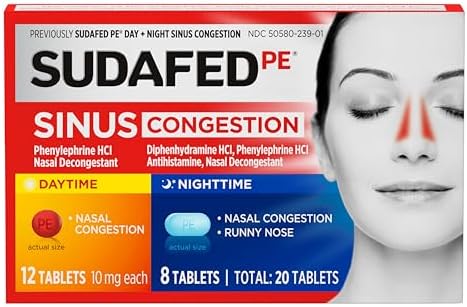 Sudafed PE Day + Night Tablets, Phenylephrine HCl, 20 ct | Diphenhydramine HCl, Maximum Strength Decongestant & Antihistamine