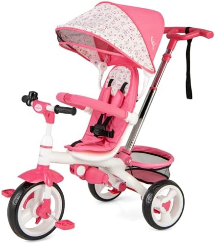 Costzon Tricycle for Toddlers, 6 in 1 Trike w/Parent Handle, Adjustable Canopy, Storage, Safety Harness & Wheel Brakes, Baby Push Tricycle Stroller for Kids Boys Girls Aged 9 Month-5 Years Old, Blue