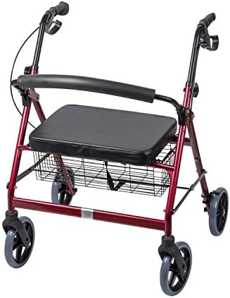 DMI Extra-Wide Heavy Duty Steel Bariatric Mobility Rollator Walker with Seat and Basket, Burgundy, Folding