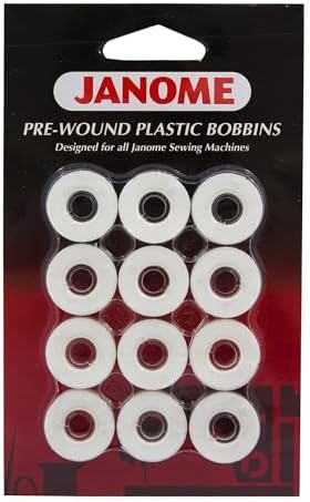 Janome 12 Pack Pre-Wound Plastic Bobbins Thread 80 Yards Polyester (White) | Includes 12 in a portable pack
