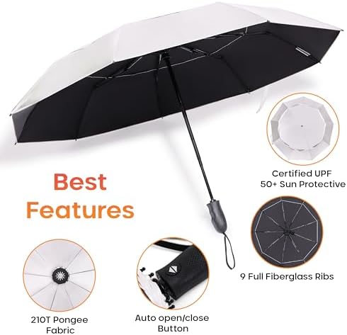 Premium UV Travel Umbrella Compact Windproof & Waterproof Umbrella for Walking | 9-Rib Fiberglass Frame, Heavy Duty Design, Auto Open/Close