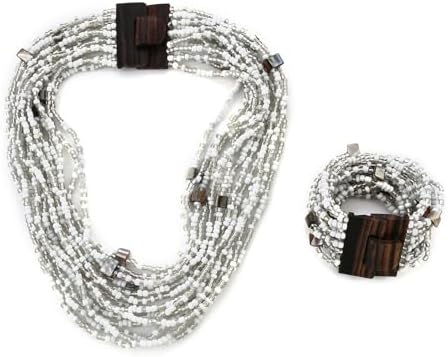 Shop LC Seed Bead Necklace Bracelet Set Boho Jewelry for Women | Multi Layered Boho, Wooden Clasp, 18 Inch Necklace, Stretchable Bracelet