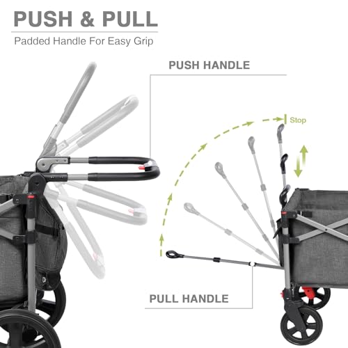 EVER ADVANCED Foldable Wagons for Two Kids & Cargo, Collapsible Folding Stroller with Adjustable Handle Bar,Removable Canopy with 5-Point Harness Gray