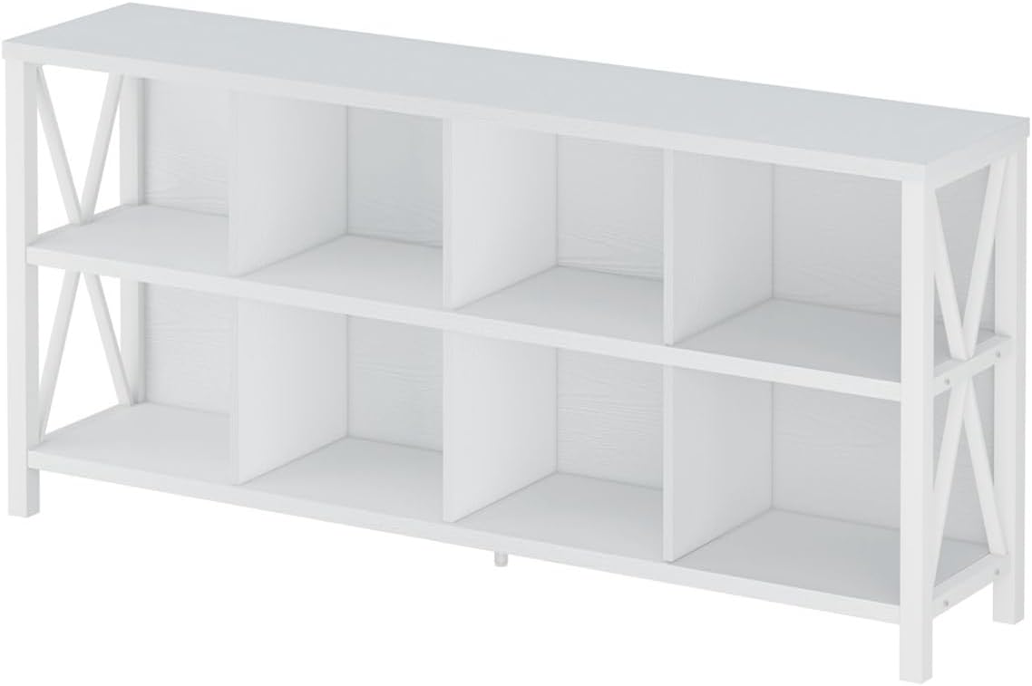 FATORRI 8 Cube Storage Organizer Bookshelf, 62 Inch Wood Horizontal Bookcase, Farmhouse Cube Long Book Shelf