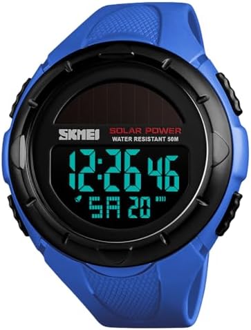 MASTOP Solar Powered Energy Watch for Men Military Digital Multifunctional Led Luminous Indication 2 Time Zone 50m Waterproof Watch Reloj Solar para Hombre