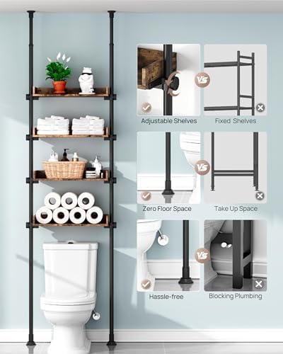 ALLZONE Bathroom Organizer, Over The Toilet Storage, 4-Tier Adjustable Wood Shelves for Small Rooms, Saver Space Rack, 92 to 116 Inch Tall