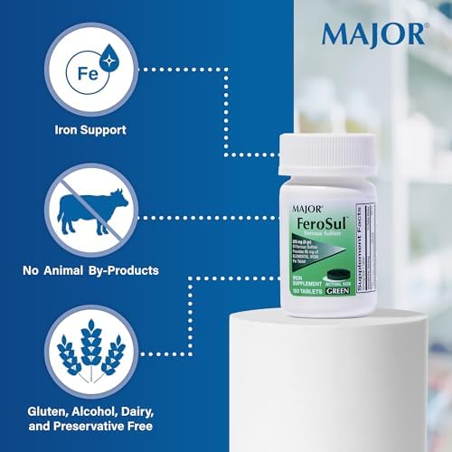 Major Ferosul - Ferrous Sulfate 325mg Tablets with 65mg of Elemental Iron - Iron Supplement for Women, Men - Green - 100 Count (3 Pack)