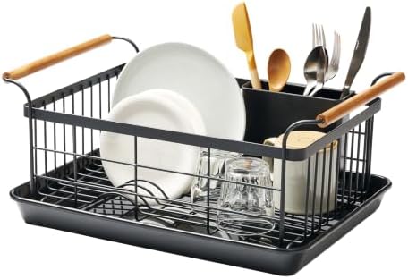 YAMAZAKI Home Dish Drying Rack – Modern White Dish Rack for Kitchen Counter with Removable Drying Tray and Cutlery Holder, Steel + Wood Dish Drying Organizer - Steel + Wood - | Modern dish drying rack organizer with steel and wood construction. Small spa…