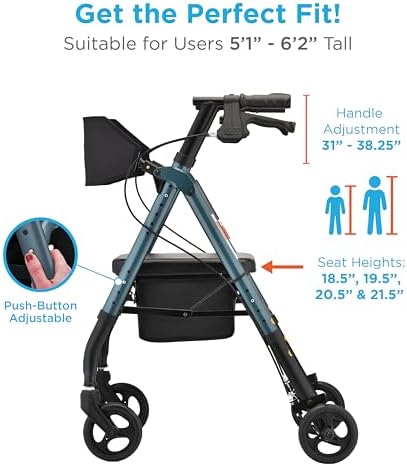 NOVA Star 6 Foldable Rollator Walker for Seniors, Wide Padded Backrest with Seat, 6” All-Terrain Wheels, Easy-Grip Locking Hand Brakes, Height Adjustable, Blue