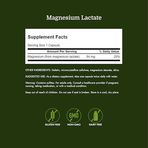 Swanson Magnesium Lactate Lactose-Free, 84 mg, 120 Capsules | Lactose-Free Mineral Supplement for Muscle and Bone Health Support, Gentle on the Stomach, Non-GMO and Gluten-Free