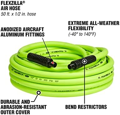 Flexzilla Air Hose, 3/8 in. x 50 ft., 3/8 in. MNPT Fittings, Heavy Duty, Lightweight, Hybrid, ZillaGreen - HFZ3850YW3